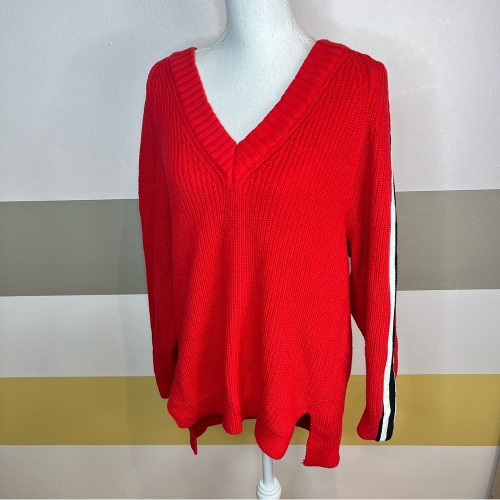 2/$25 Express Bright Red Striped Knit Woven Pullover Bold Chunky Thick Sweater S - Picture 13 of 15